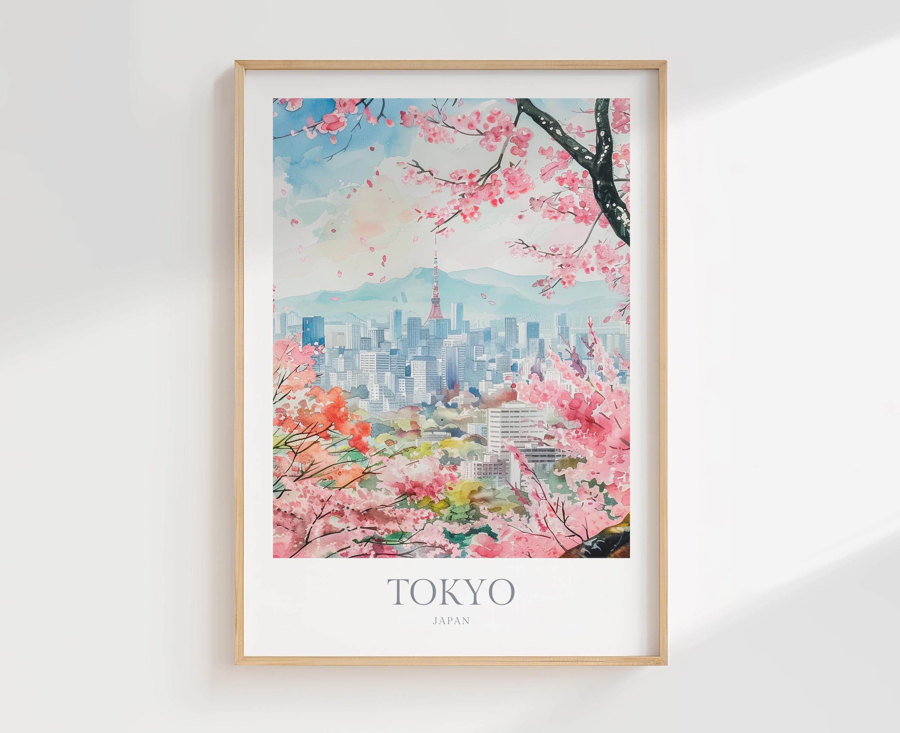 東京の桜の水彩画プリント、日本のインテリア装飾（デジタル