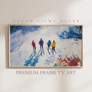 May include: A painting of four skiers descending a snowy mountain slope. The skiers are wearing colorful jackets and are silhouetted against a bright blue sky. The painting is done in a loose, impressionistic style.