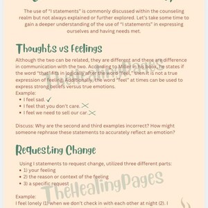 May include: A page from "The Healing Pages" with text on expressing yourself, thoughts versus feelings, and requesting change using "I statements." Includes examples and a teal coffee cup illustration.