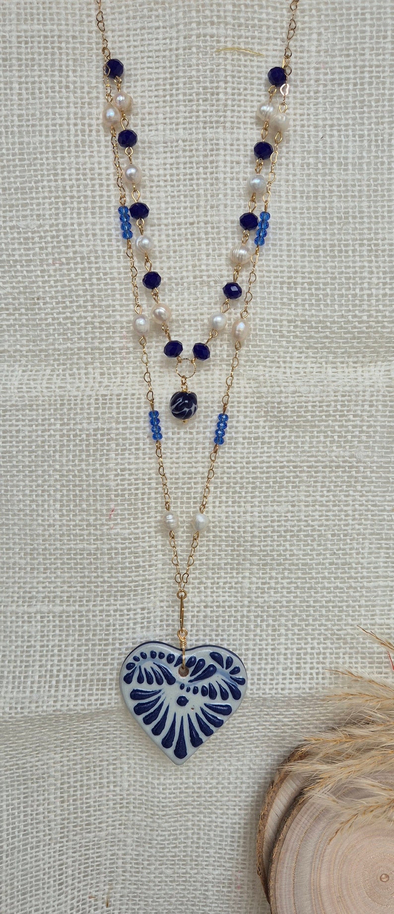 Talavera Tile and Blue Turquoise Golden Y-Neck Necklace