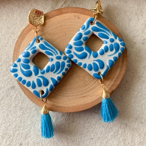 Talavera earrings, handmade earrings, artesanal earrings, cobalt blue earrings, Traditional Mexican jewelry, 14k gold plated, gift for her