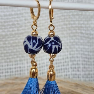 Talavera earrings, handmade earrings, artesanal earrings, cobalt blue earrings, Traditional Mexican jewelry, 14k gold plated, gift for her
