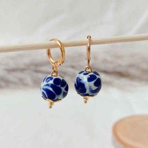 Talavera earrings, handmade earrings, artesanal earrings, cobalt blue earrings, Traditional Mexican jewelry, 14k gold plated, gift for her