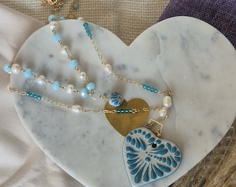Talavera necklace, handmade necklaces, 14k gold plated necklaces, double necklaces, Traditional Mexican Jewelry, gift for her, necklaces