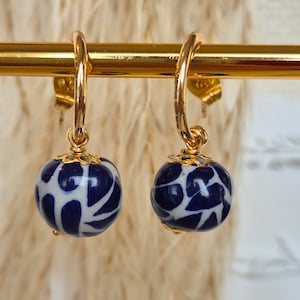 Talavera earrings, handmade earrings, artesanal earrings, cobalt blue earrings, Traditional Mexican jewelry, 14k gold plated, gift for her