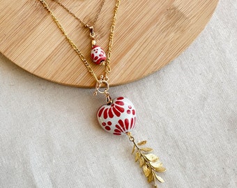 Talavera Necklace Set of 3 , handmade necklace, 14k gold plated necklace, pearls necklace, Traditional Mexican Jewelry, heart necklace,