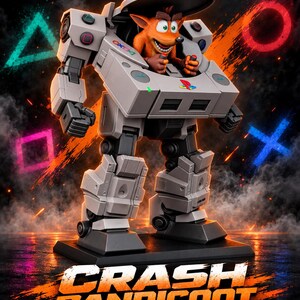 Op de afbeelding: Een grijs robotachtig mech-pak bestuurd door een oranje Crash Bandicoot-figuur. De mech bevat PlayStation-controller-symbolen, een consolelogo en de tekst AKAIZU ATELIER 3D, CRASH BANDICOOT, PLAYSTATION en DISEÑO DE: MERGE PROJECT FIGURES.