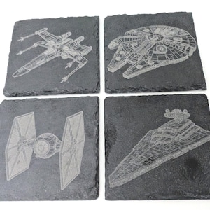 Star Wars Ships Slate Coaster Set of 4 | Laser-Etched Stone Coasters | Handmade Star Wars Gift | Sci-Fi Home Decor