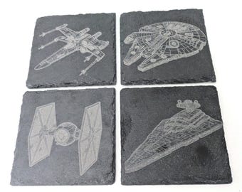 Star Wars Ships Slate Coaster Set of 4 | Laser-Etched Stone Coasters | Handmade Star Wars Gift | Sci-Fi Home Decor