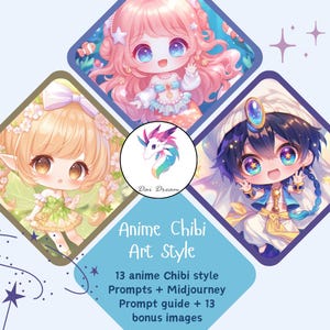 Puede incluir: Una ilustración digital de tres personajes chibi de anime en diferentes estilos. Los personajes son una sirena con cabello rosado, un hada con cabello rubio y un niño con cabello azul que lleva un turbante. La ilustración se titula "Anime Chibi Art Style" e incluye el texto "13 anime Chibi style Prompts + Midjourney Prompt guide + 13 bonus images".