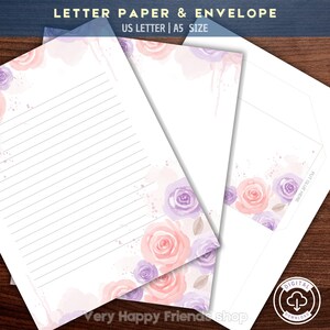 Blumen-Buchstabe Schriftzug | violette Rosen Briefpapier | Dienstbedarf | Schreibblätter | US letter - Größe A5 | Inklusive Umschlag