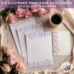 Papelería digital para escribir cartas / Diseño de flores silvestres en tonos pastel / Papelería imprimible con sobre / en blanco / con líneas / con puntos / a cuadros