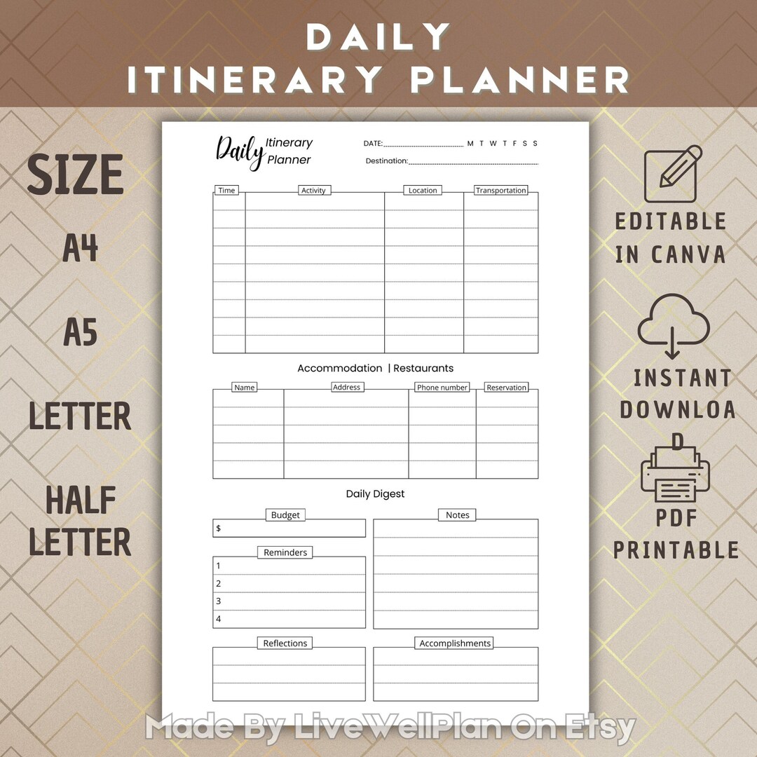 Customizable Daily Itinerary Planner With Holes 4 Sizes Digital PDF ...