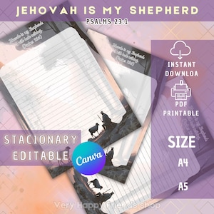 Papeles de carta elegantes de JW / Versículo bíblico Salmos 23:1 / Papelería de escritura editable en Canva / Papelería editable / Papel de escritura de JW / A5