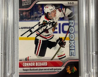 Connor Bedard 2023 Topps Now Rookie Card RC Rare Graded Facsimile Autographed Chicago "Youngest Blackhawks Player with Multi Goal Game"