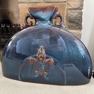 Vintage Blue Art Pottery Statement Vase, Fleur De Lis Decor, Ornate Handles