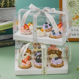May include: Two clear plastic boxes, each containing six decorated mini-cupcakes. The cupcakes have various toppings, including strawberries, blueberries, and chocolate. White ribbon with "Just for you" text wraps around the boxes.