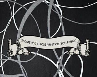 Modern Geometric Circle Print Cotton Fabric: Black, Gray & White