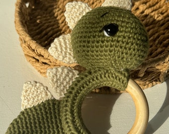 Hand-Knitted Dinosaur Baby Rattle - Eco-Friendly Wooden Teething Ring Toy