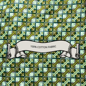 May include: A fabric with a repeating pattern of arrows in shades of green, olive, and white on a dark green background. A banner across the bottom reads "100% COTTON FABRIC".