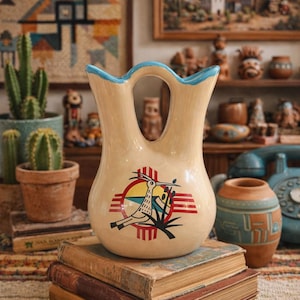 May include: A cream-colored ceramic vase with a blue rim and handle, featuring a Southwestern design with a bird and sun symbol. The vase sits atop a stack of old books, with cacti and vintage decor in the background.