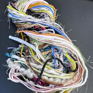May include: A tangled bundle of colorful yarn in various textures and hues. The yarn includes shades of pink, blue, yellow, green, and black, with some strands appearing fuzzy and others smooth. The yarn is likely for crafting or textile projects.