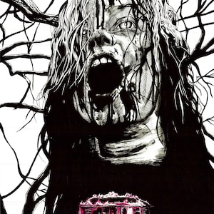 Puede incluir: Ilustración en blanco y negro de un rostro gritando con cabello oscuro y vetas de sangre. La imagen incluye una casa en llamas y figuras en un paisaje rosa, con ramas de árboles en la parte superior.