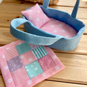 Linen Doll Basket Bed: Waldorf Toy Carrycot with Pink Bedding
