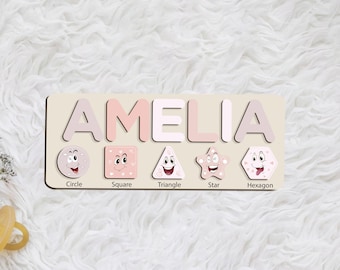 Baby Girl Gift, Baby Shower Gift, Birthday Gift for a Toddler, First Christmas Gift, Toddler Toys, Shapes & Name Puzzle, Toys and Decoration