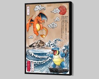 Póster de Charizard Charizard vs Blastoise Lienzo enmarcado Impresión de arte de pared de anime Decoración del hogar de Pikachu FF15, Regalo de cumpleaños
