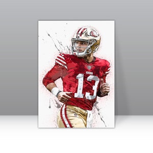 May include: A watercolour-style illustration of a football player wearing a red and gold jersey with the number 13 and a white helmet. The player is running with the ball and has a determined expression on his face.