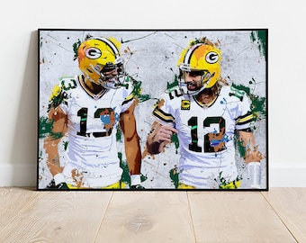 May include: A digital painting of two football players wearing green and yellow uniforms with the numbers 12 and 13. The background is a gray and green abstract design.