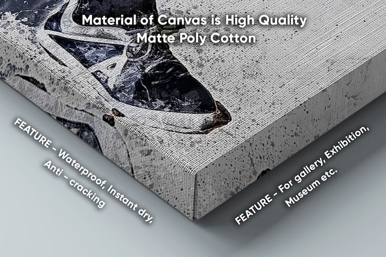 May include: Close-up of a canvas print with the text "Material of Canvas is High Quality Matte Poly Cotton". The canvas is textured and has a white background. The text "FEATURE - Waterproof, Instant dry, Anti - cracking" is visible on the left side of the image. The text "FEATURE - For gallery, Exhibition, Museum etc." is visible on the right side of the image.