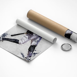 May include: A black and white watercolor illustration of a baseball player in mid-swing, with a splash of blue paint in the background.