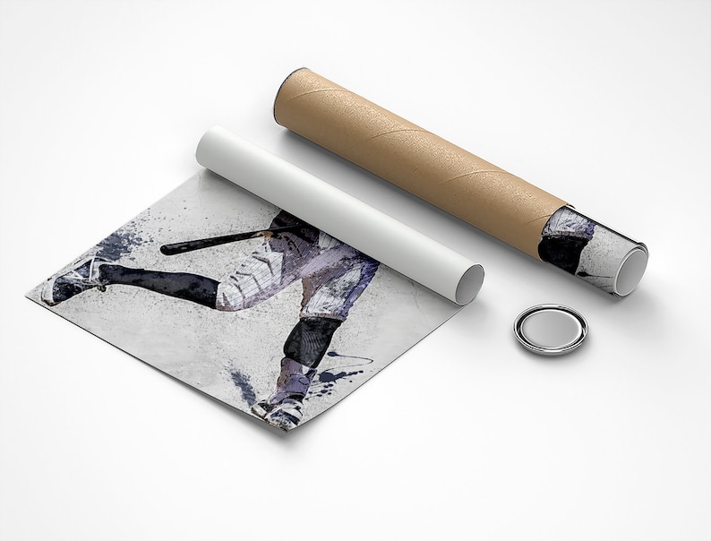 May include: A black and white watercolor illustration of a baseball player in mid-swing, with a splash of blue paint in the background.