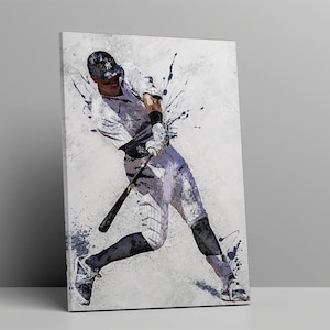 May include: A baseball player in a white and grey uniform swings a bat with a grey background. The image is stylized with a watercolor effect.