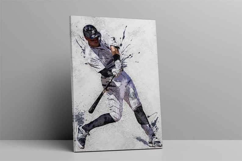 May include: A baseball player in a white and grey uniform swings a bat with a grey background. The image is stylized with a watercolor effect.