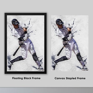 May include: A black and white illustration of a baseball player in mid-swing, with a splash of color behind them. The image is available in two framing options: floating black frame and canvas stapled frame.