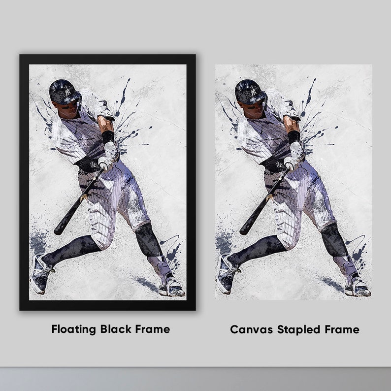 May include: A black and white illustration of a baseball player in mid-swing, with a splash of color behind them. The image is available in two framing options: floating black frame and canvas stapled frame.