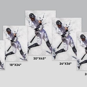 May include: Five different sizes of a baseball player in a white uniform with a black cap, swinging a bat. The image is a watercolor style with a white background and black splatters. The sizes are 12"x18", 18"x24", 20"x30", 24"x36", and 30"x45".