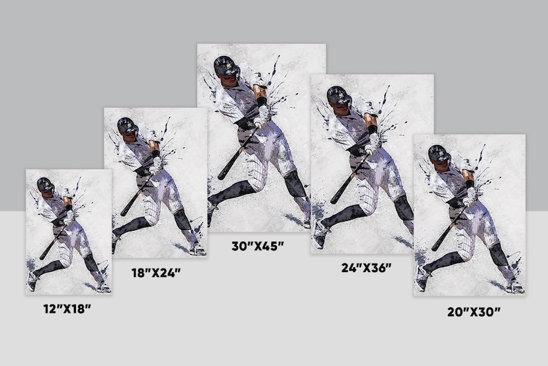 May include: Five different sizes of a baseball player in a white uniform with a black cap, swinging a bat. The image is a watercolor style with a white background and black splatters. The sizes are 12"x18", 18"x24", 20"x30", 24"x36", and 30"x45".