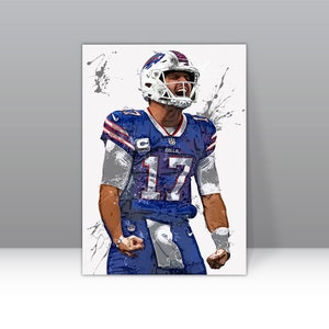 May include: A digital painting of a football player wearing a blue and white jersey with the number 17 and the word "Bills" on it. The player is wearing a helmet and is celebrating a touchdown. The background is white with blue and gray paint splatters.