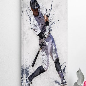 May include: A baseball player in a white and black striped uniform swings a bat with a white background and black paint splatters.