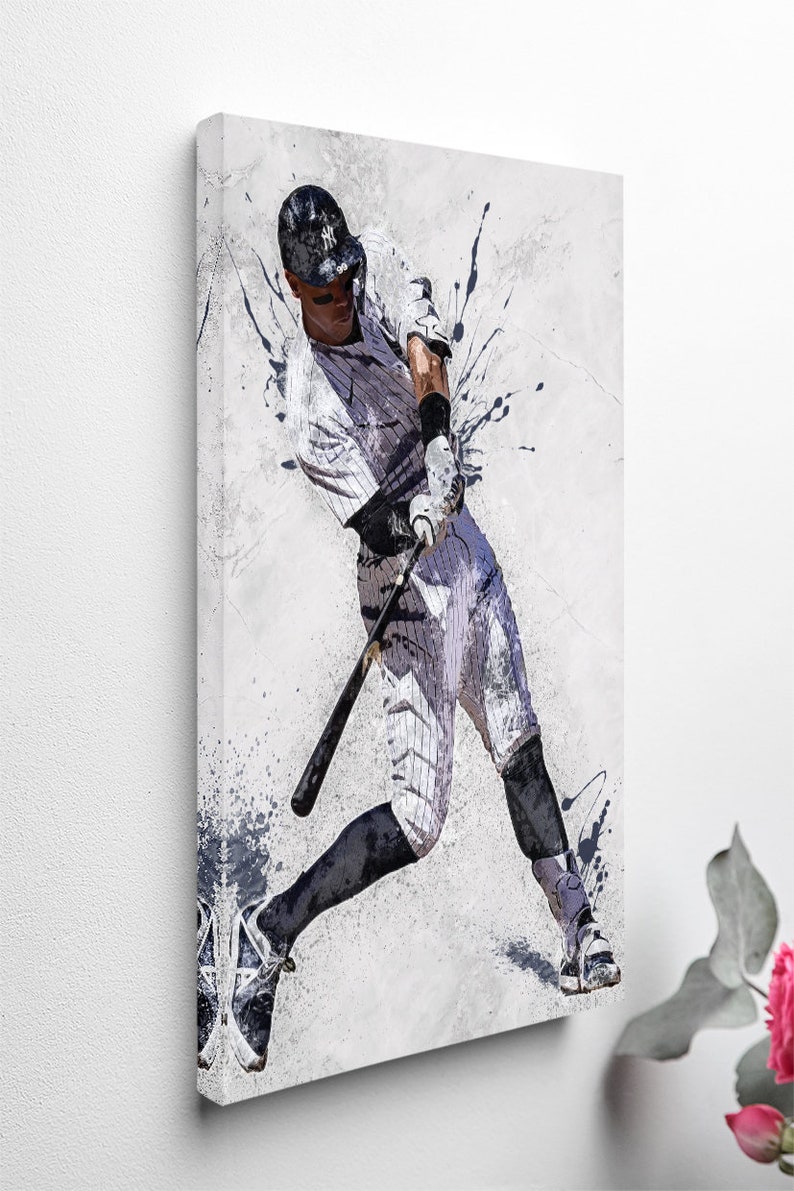 May include: A baseball player in a white and black striped uniform swings a bat with a white background and black paint splatters.