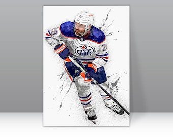 May include: A watercolor illustration of a hockey player wearing a white, blue, and orange jersey with the word "Oilers" on the front. The player is holding a hockey stick and is in a skating position. The background is white with splashes of paint.