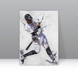 May include: A baseball player in a white and black striped uniform swings a bat against a white background with black paint splatters.