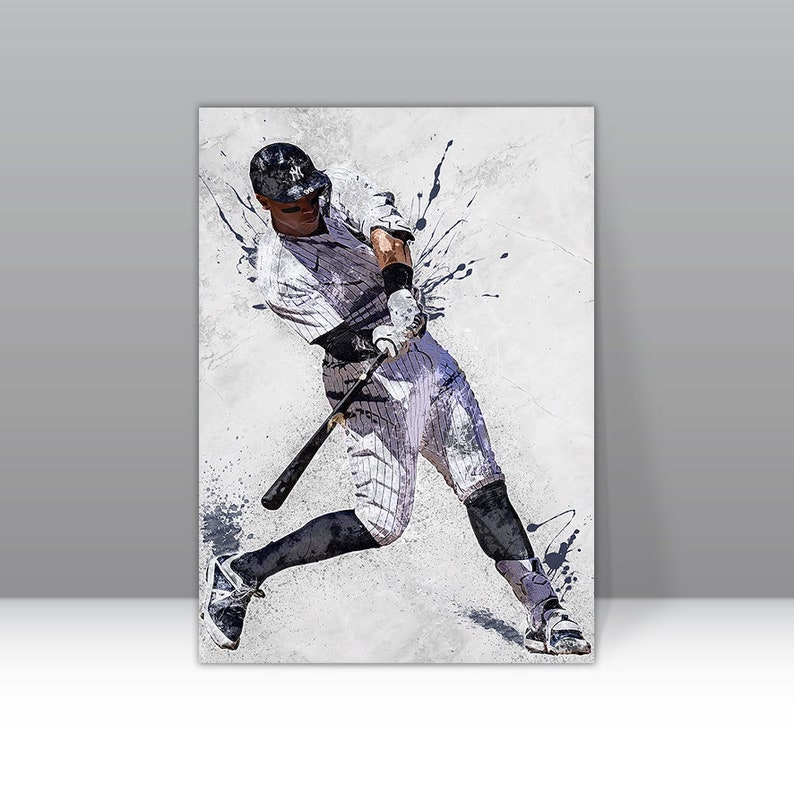 May include: A baseball player in a white and black striped uniform swings a bat against a white background with black paint splatters.