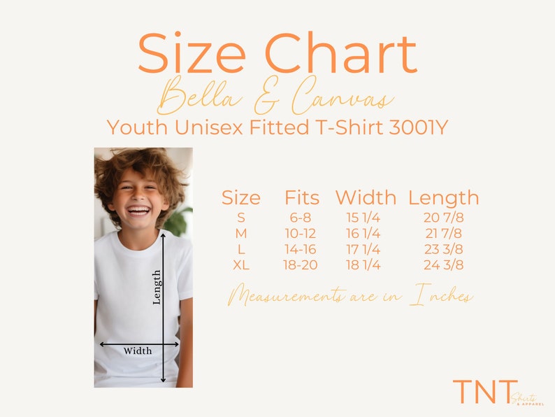 May include: Size chart for youth unisex fitted t-shirts from Bella + Canvas. The chart shows sizes S, M, L, and XL with corresponding age ranges, chest width, and length measurements in inches.