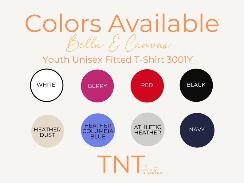 May include: Colour chart for Bella + Canvas Youth Unisex Fitted T-Shirt 3001Y.  Colours include white, berry, red, black, heather dust, heather columbia blue, athletic heather, and navy.