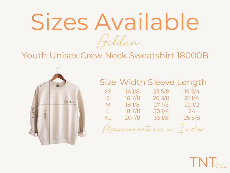K&ouml;nnte beinhalten: Eine Gr&ouml;&szlig;entabelle f&uuml;r ein Unisex-Sweatshirt mit Rundhalsausschnitt f&uuml;r Kinder. Die Tabelle zeigt die Gr&ouml;&szlig;e, Breite, &Auml;rmell&auml;nge und L&auml;nge in Zoll. Die Tabelle gilt f&uuml;r Gildan 18000B Sweatshirts.